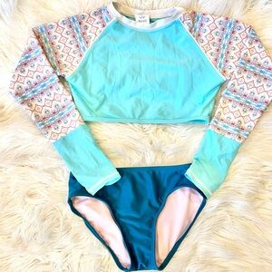 Snapper Rock Girl’s Long Sleeve Rash Guard Set - Aqua & Teal 7/8